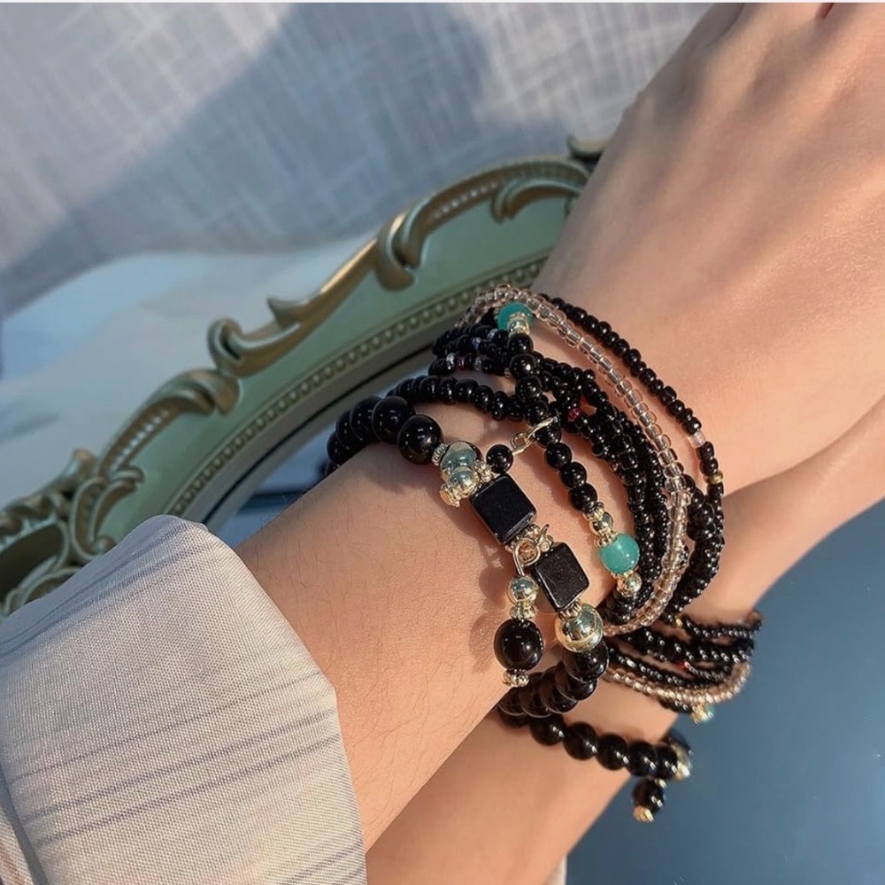 Black & Gold Beaded Bracelet Stack | Boho Summer Jewelry Set - Picture 4 of 7